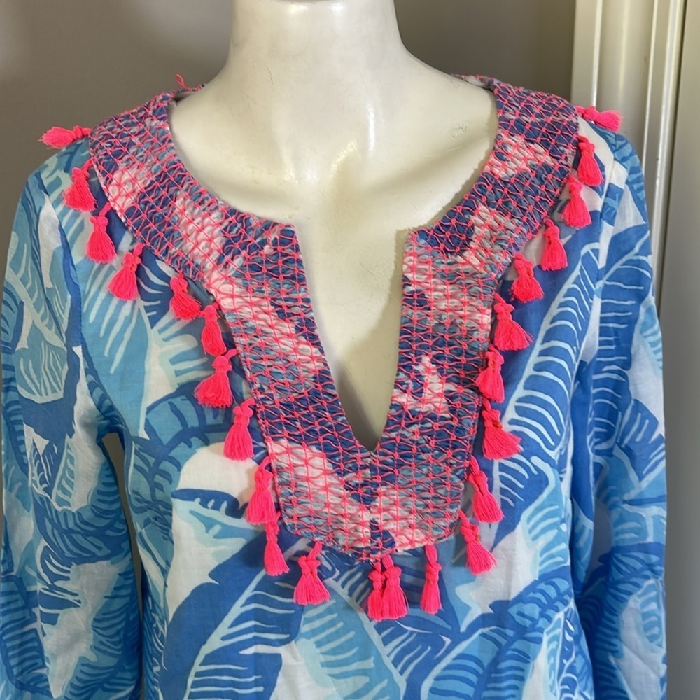 Sail to Sable Blue Banana Leaf Print Maxi Dress Blue White Tassel Vneck XS NEW - Picture 2 of 8